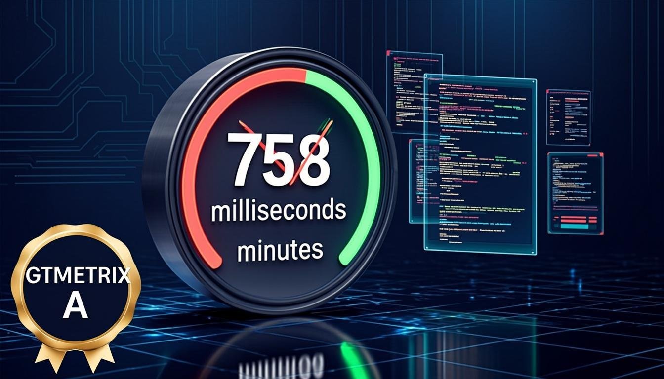 Premium technical SEO hero illustration showing 758ms timer and JavaScript unbundling visualization