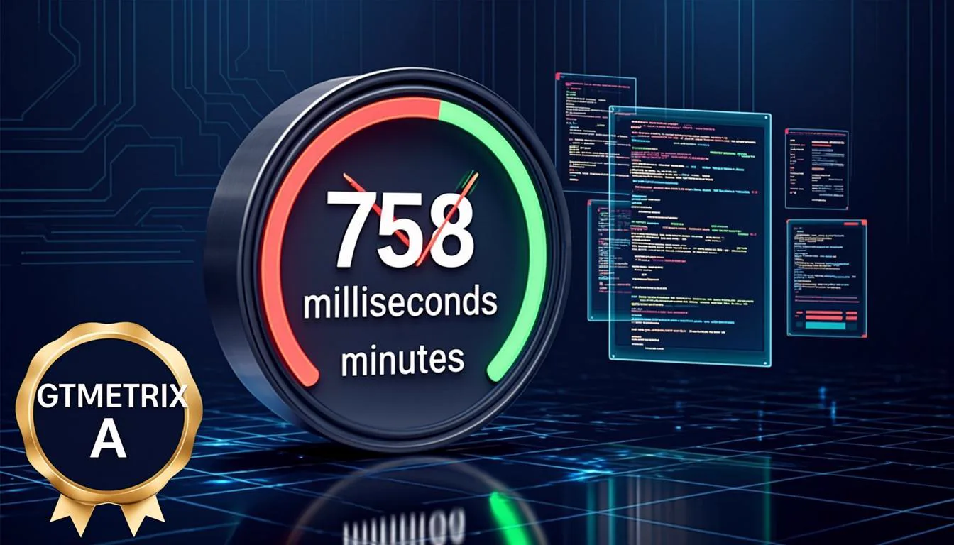 Premium technical SEO hero illustration showing 758ms timer and JavaScript unbundling visualization